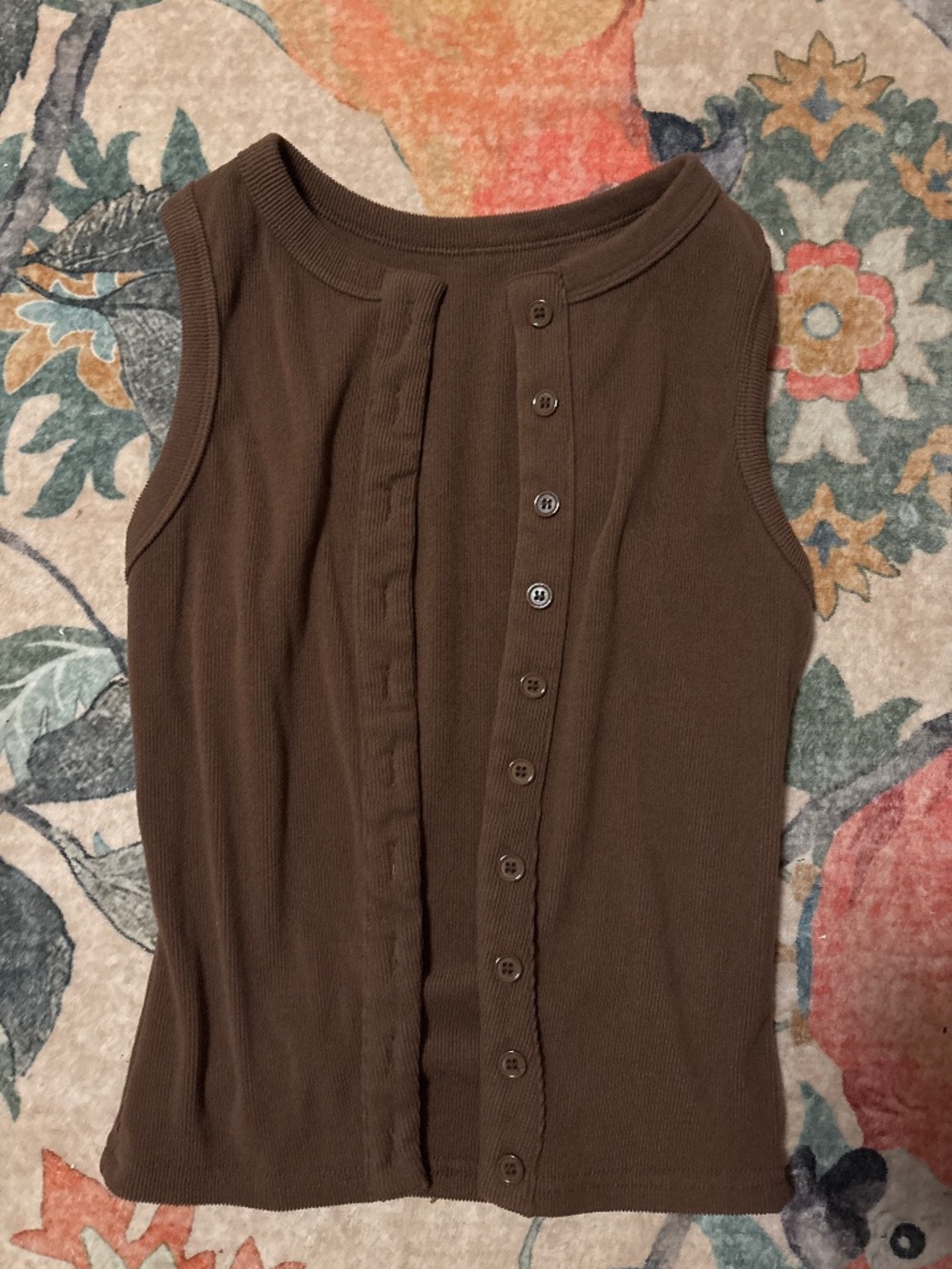 Brown ribbed button up tank top